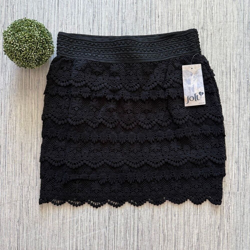 Jolt Black Crochet Lace Tiered Mini Skirt Boho Y2K NWT